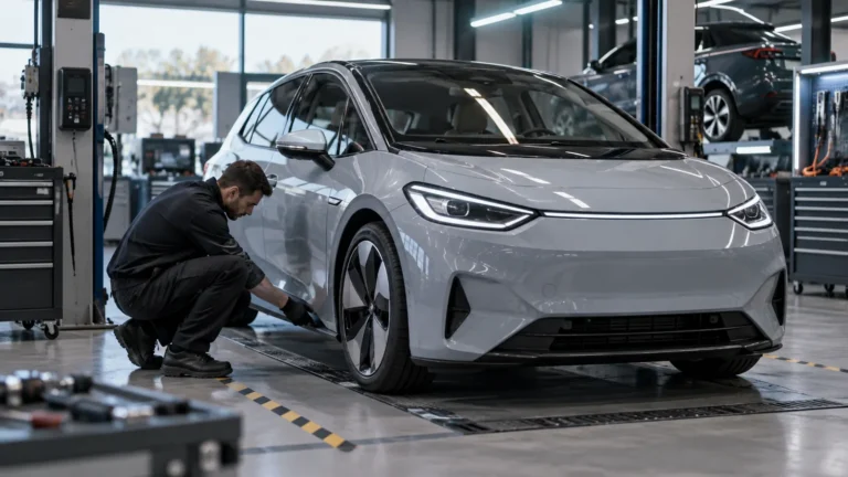 VW ID.3 Typ E1 2020–2023 legal tunen: Servicetechniker prüft das Fahrzeug in der Kfz-Werkstatt. KI-generiertes Symbolbild · redaktionell geprüft.