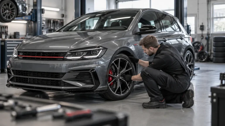 VW Polo GTI AW legal tunen: Servicetechniker prüft das Fahrzeug in der Kfz-Werkstatt. KI-generiertes Symbolbild · redaktionell geprüft.