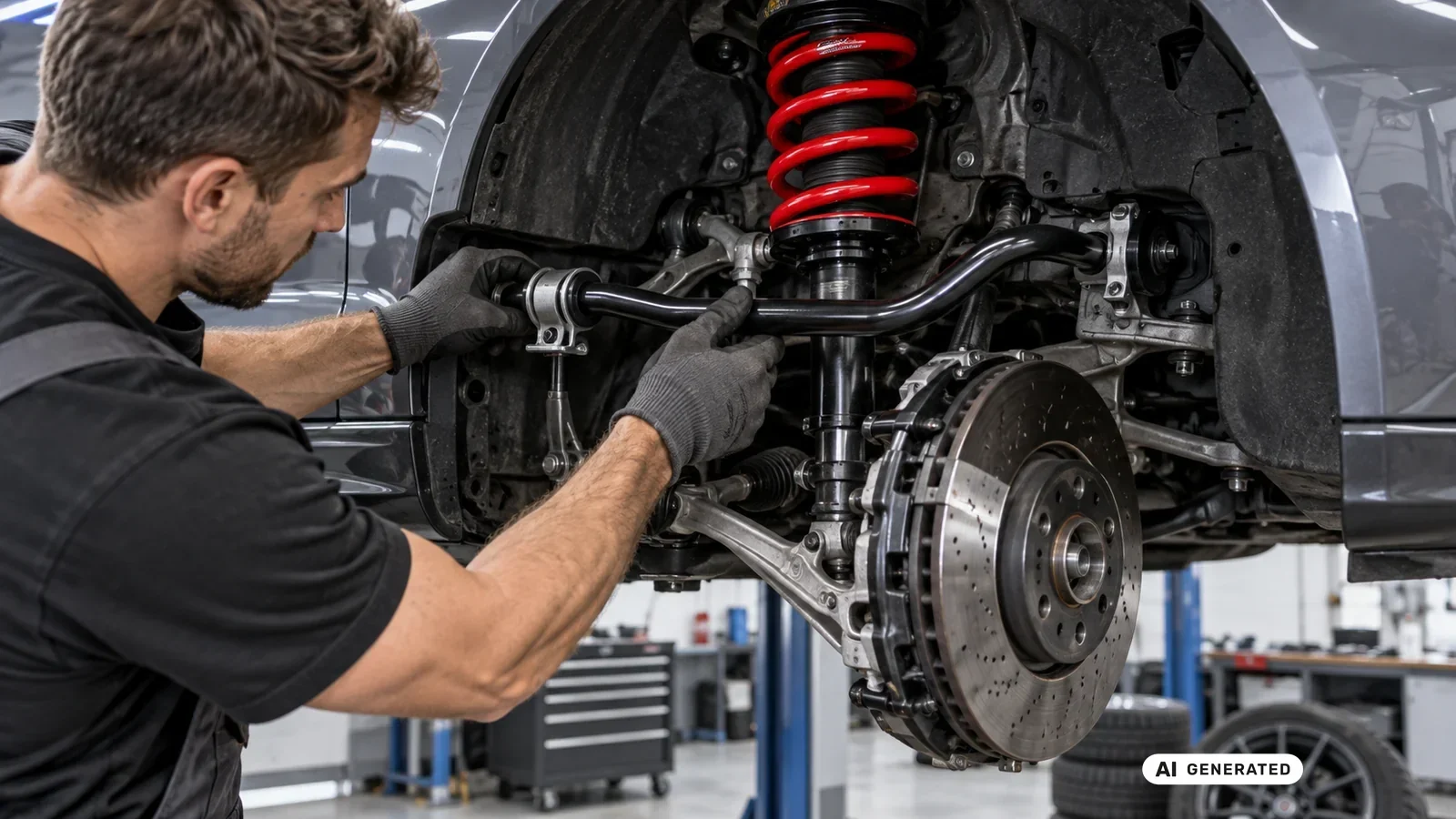 Mechaniker montiert einen Stabilisator neben einer roten Sportfeder am Fahrwerk. KI-generiertes Symbolbild · redaktionell geprüft.