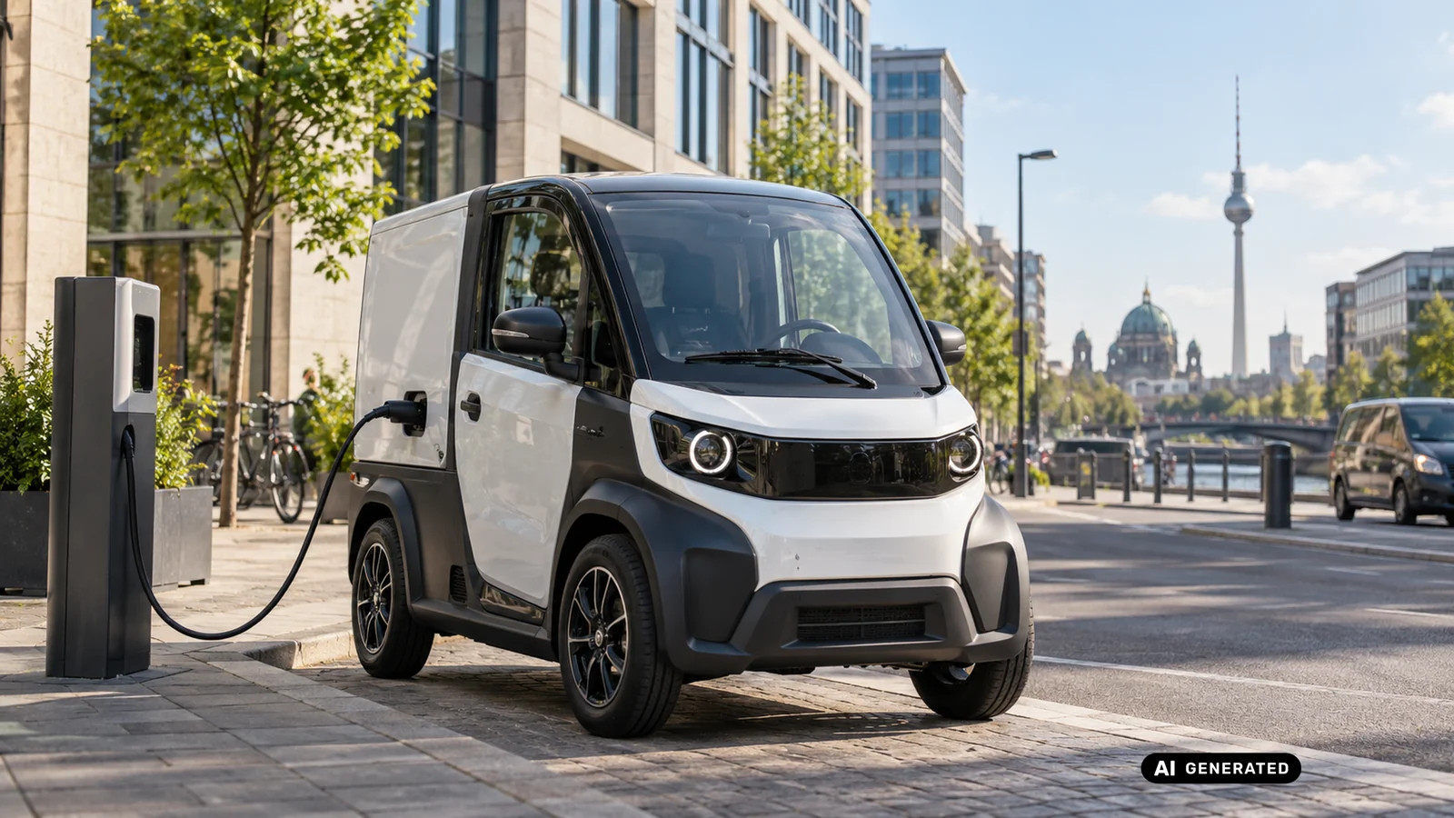 Elektro-Microcar lädt an einer Ladesäule in Berlin, Fernsehturm im Hintergrund. KI-generiertes Symbolbild · redaktionell geprüft.