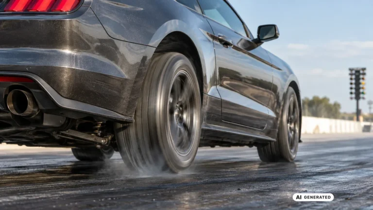 Muscle Car beim Burnout mit durchdrehenden Reifen auf einer Dragstrip-Startbahn. KI-generiertes Symbolbild · redaktionell geprüft.