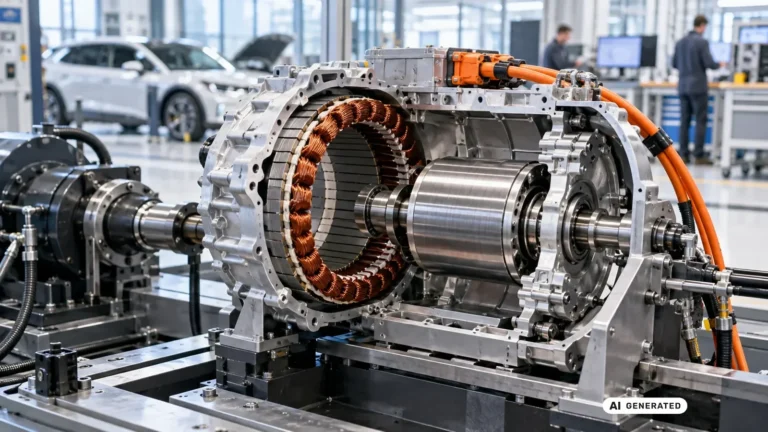 Aufgeschnittener Elektromotor mit sichtbarer Kupferwicklung auf einem Prüfstand. KI-generiertes Symbolbild · redaktionell geprüft.