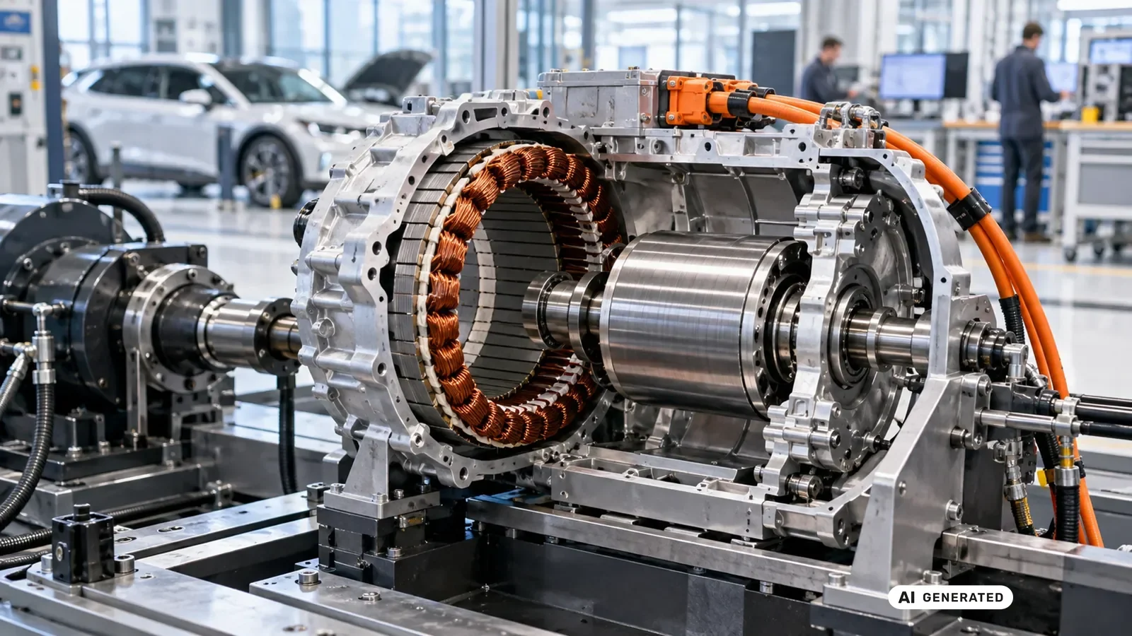 Aufgeschnittener Elektromotor mit sichtbarer Kupferwicklung auf einem Prüfstand. KI-generiertes Symbolbild · redaktionell geprüft.