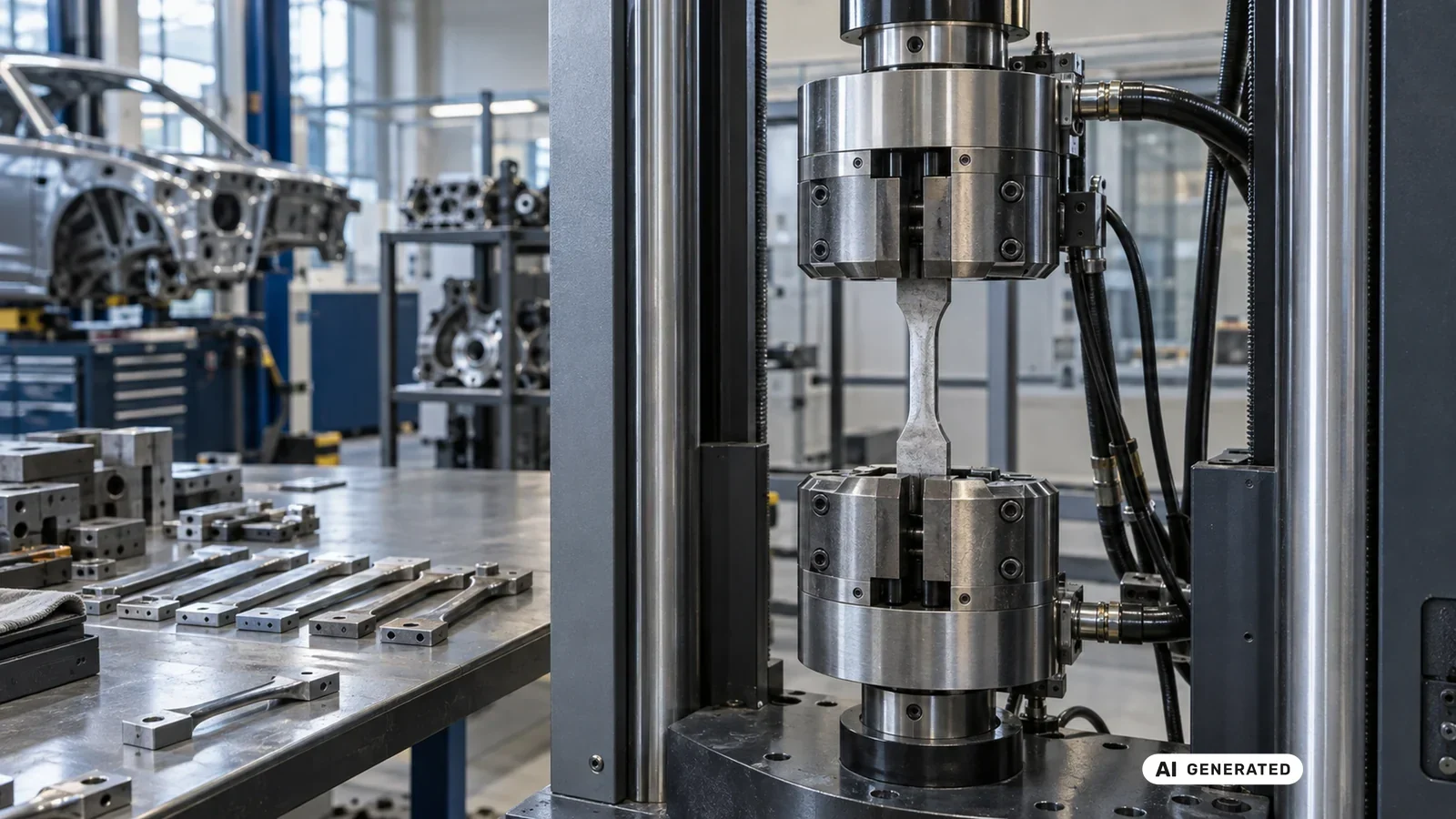Materialprobe in der Zugprüfmaschine zur Ermittlung der Dauerfestigkeit. KI-generiertes Symbolbild · redaktionell geprüft.