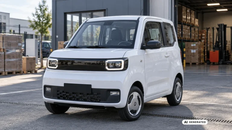 Wuling Cargo Runner Elektro-Nutzfahrzeug vor einer Lagerhalle. KI-generiertes Symbolbild · redaktionell geprüft.