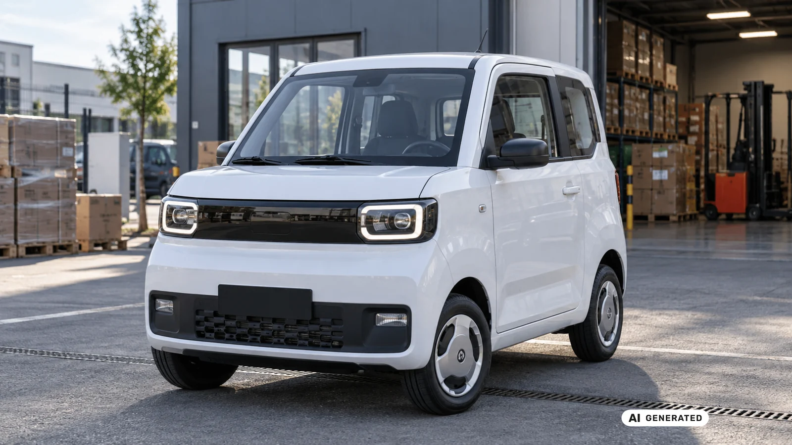 Wuling Cargo Runner Elektro-Nutzfahrzeug vor einer Lagerhalle. KI-generiertes Symbolbild · redaktionell geprüft.