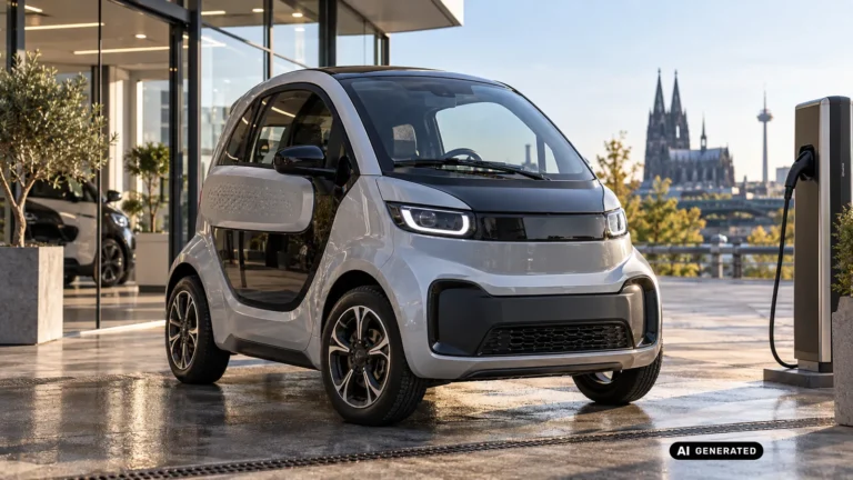 XEV Yoyo Microcar lädt vor dem Kölner Dom. KI-generiertes Symbolbild · redaktionell geprüft.