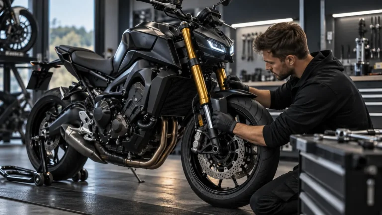 Yamaha MT-07 2014–2024 legal tunen: Mechaniker begutachtet Anbauteile an dem Motorrad in der Werkstatt. KI-generiertes Symbolbild · redaktionell geprüft.