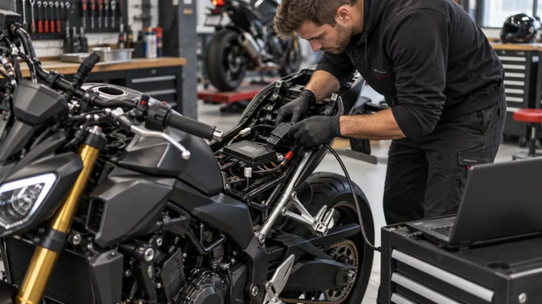 Yamaha MT-09 RN69 2021–2023 legal tunen: Mechaniker begutachtet Anbauteile an dem Motorrad in der Werkstatt. KI-generiertes Symbolbild · redaktionell geprüft.
