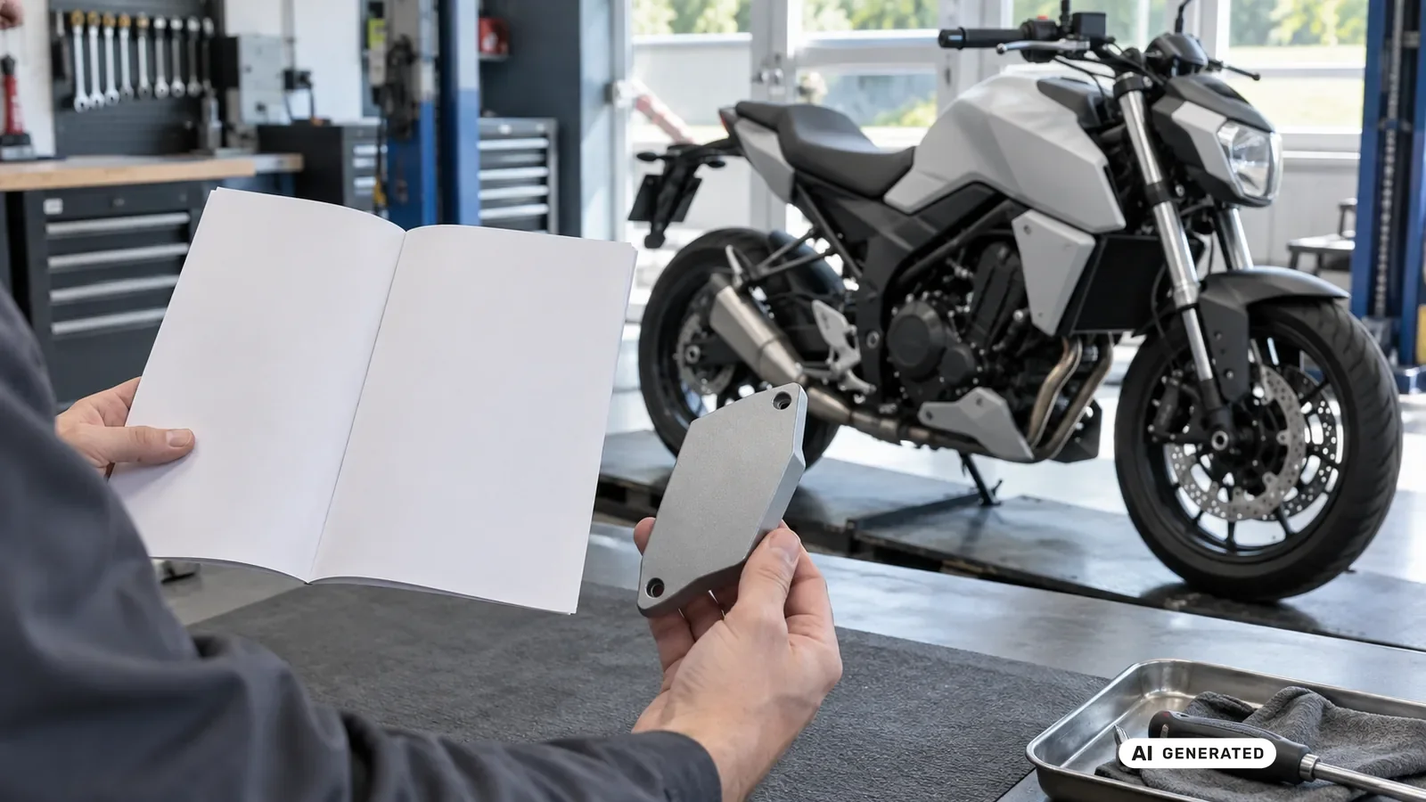 Dokumenten- und Bauteilabgleich für den Beitrag Yamaha MT-125 RE39/RE40 2020–2024; Schrift und persönliche Daten sind nicht lesbar. — KI-generierte Szene, redaktionell geprüft