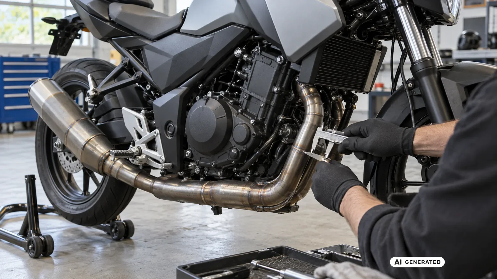 Technische Detailprüfung zum Thema Komplettanlage, Kat und Typcode an einer neutralen Fahrzeugdarstellung für Yamaha MT-125 RE39/RE40 2020–2024. — KI-generierte Szene, redaktionell geprüft