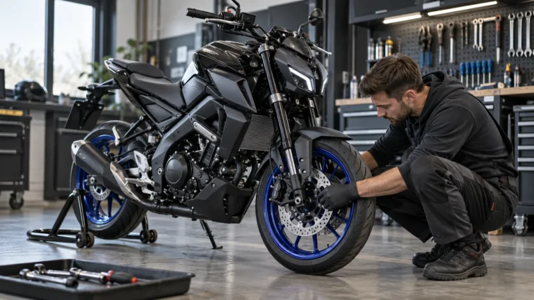 Yamaha MT-125 RE39/RE40 2020–2024 legal tunen: Mechaniker begutachtet Anbauteile an dem Motorrad in der Werkstatt. KI-generiertes Symbolbild · redaktionell geprüft.
