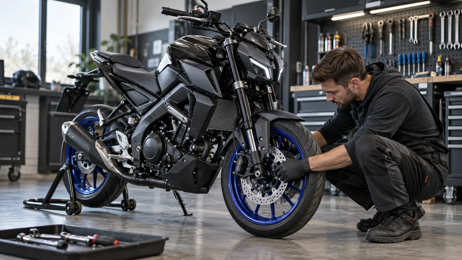 Yamaha MT-125 RE39/RE40 2020–2024 legal tunen: Mechaniker begutachtet Anbauteile an dem Motorrad in der Werkstatt. KI-generiertes Symbolbild · redaktionell geprüft.