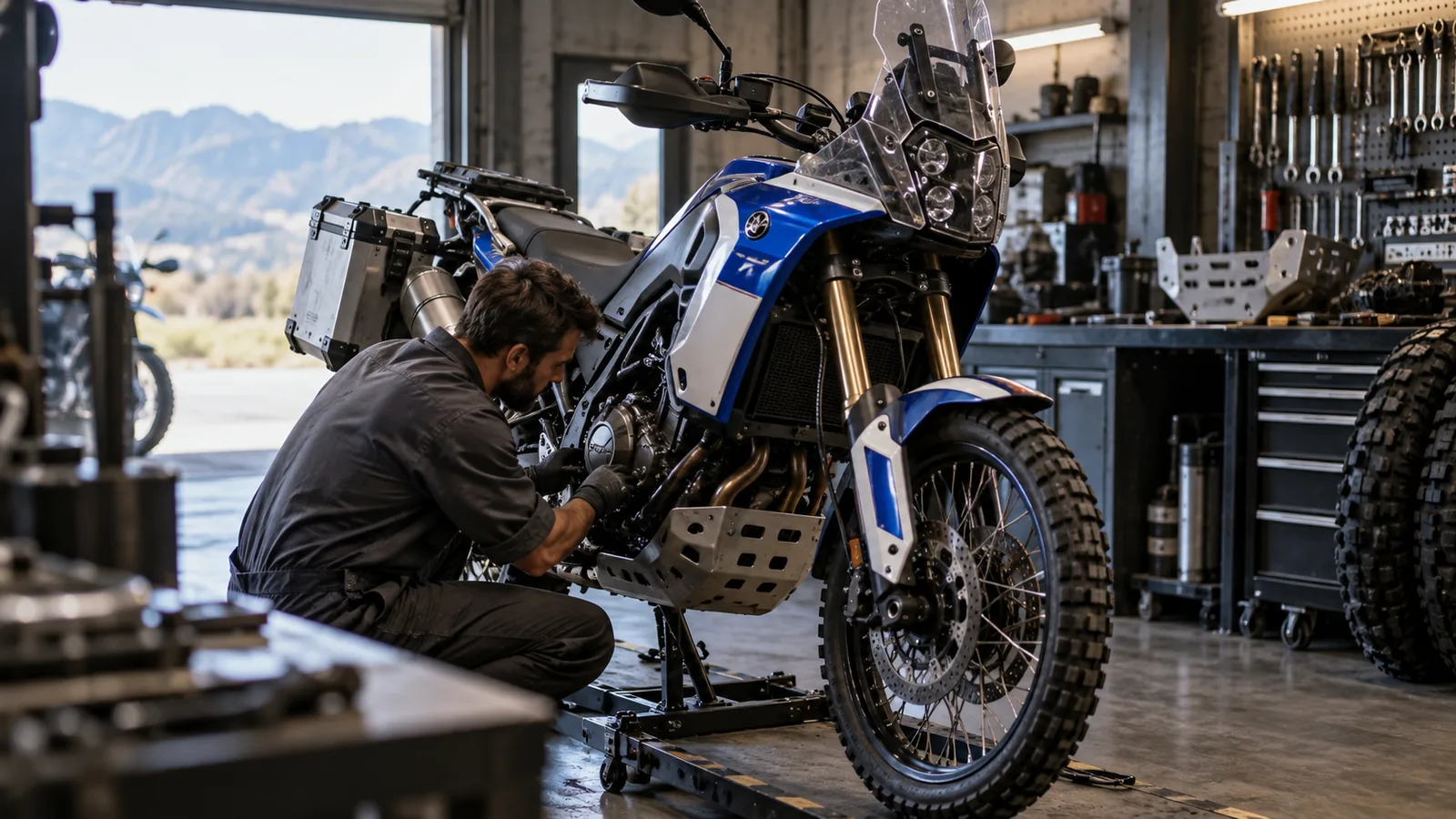 Yamaha Ténéré 700 2019–2024 legal umbauen: Mechaniker begutachtet Anbauteile an dem Motorrad in der Werkstatt. KI-generiertes Symbolbild · redaktionell geprüft.