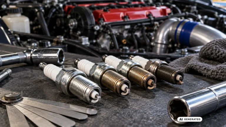 Vier ausgebaute Zündkerzen mit unterschiedlichem Verschleißbild liegen vor einem Motor mit Werkzeug. KI-generiertes Symbolbild · redaktionell geprüft.