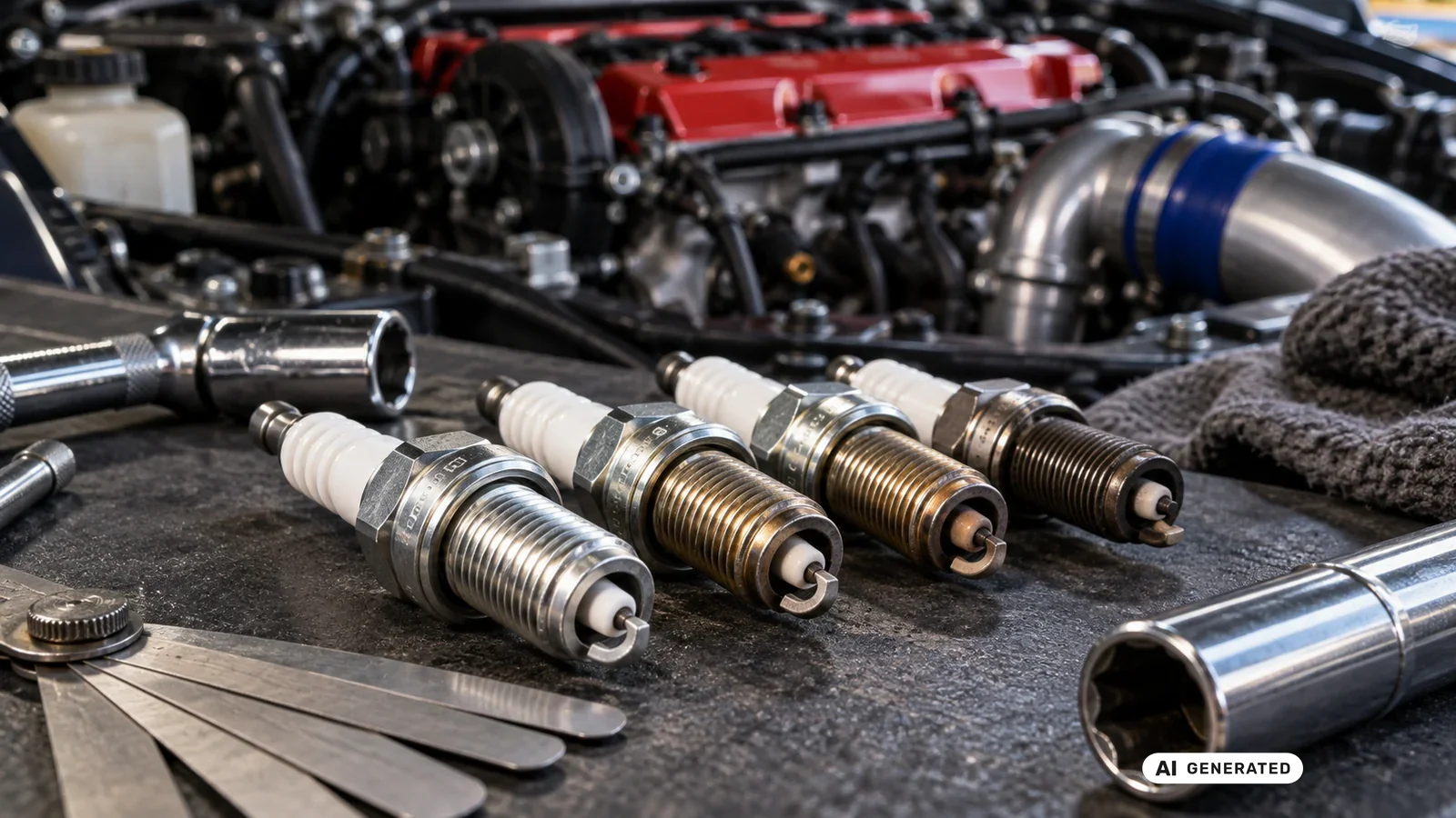 Vier ausgebaute Zündkerzen mit unterschiedlichem Verschleißbild liegen vor einem Motor mit Werkzeug. KI-generiertes Symbolbild · redaktionell geprüft.
