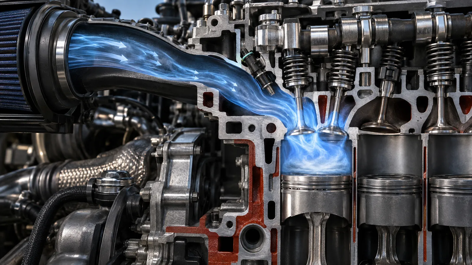 Zylinderfüllung und volumetrischer Wirkungsgrad: Warum Höhe, Temperatur und Ventilsteuerung die Luftmasse verändern. KI-generiertes Symbolbild · redaktionell geprüft.