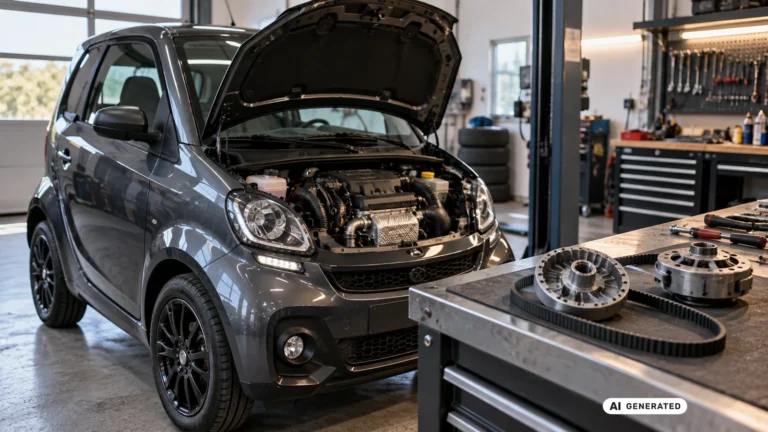 Graues L6e-Mopedauto mit geöffneter Motorhaube in der Werkstatt, davor eine Variomatik mit Riemen. KI-generiertes Symbolbild.