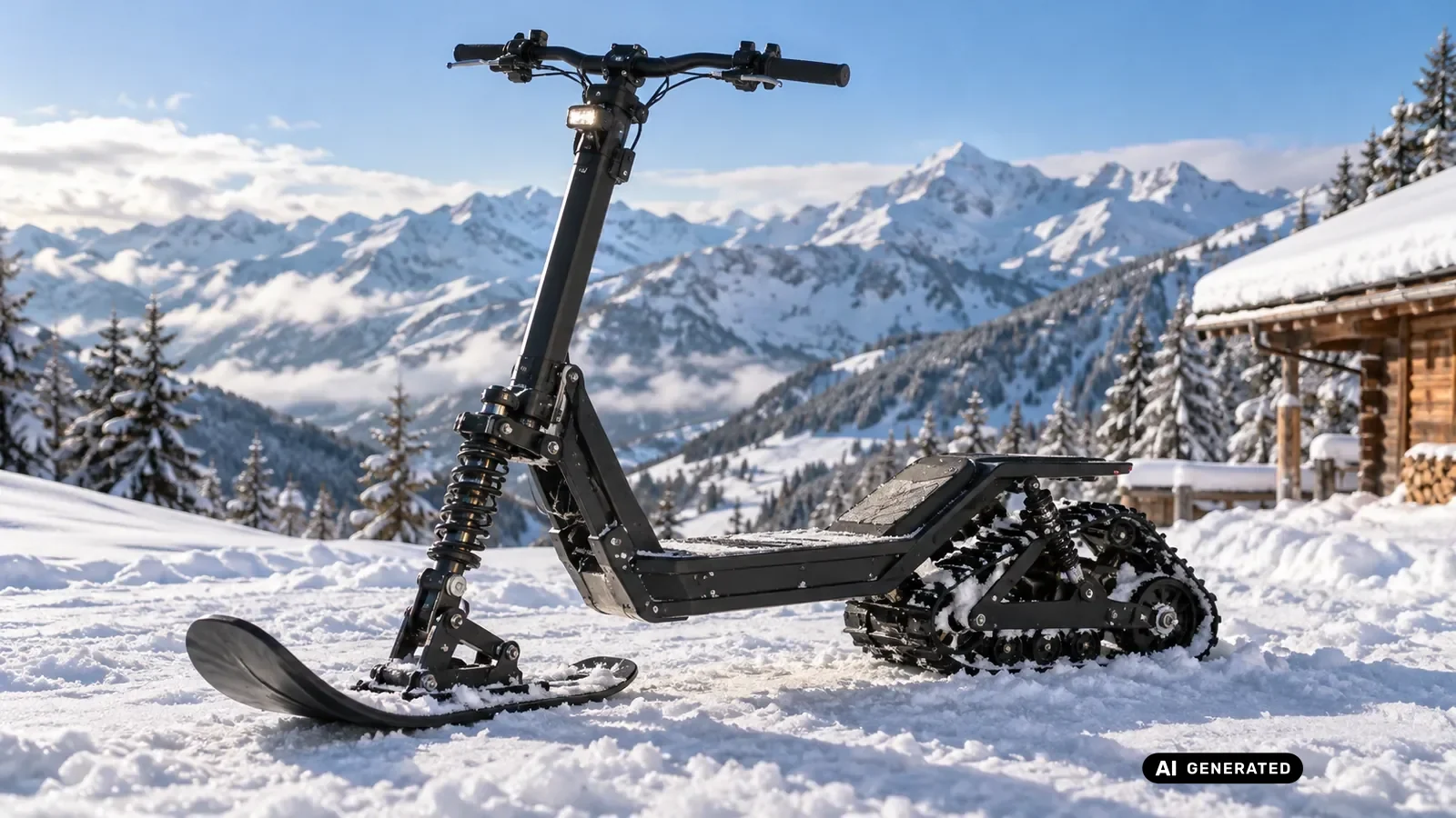 Elektrischer Schneescooter mit Ski-Kufe vorn und Antriebsraupe hinten im Schnee vor einer Berghütte und verschneiten Alpengipfeln. KI-generiertes Symbolbild.