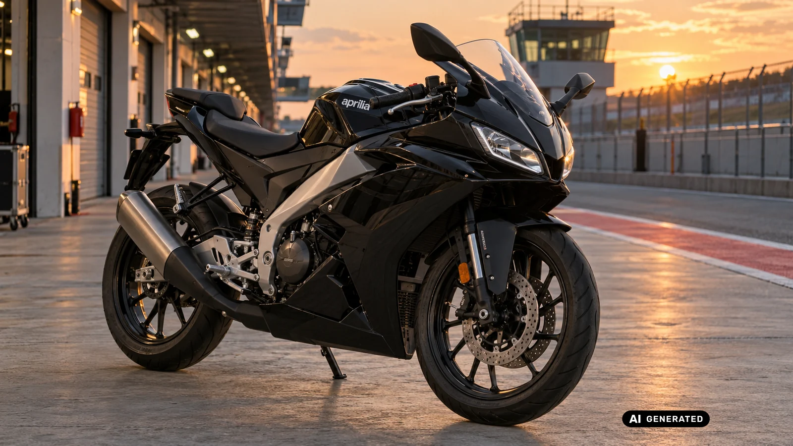 Schwarze Aprilia RS 125 in der Boxengasse einer Rennstrecke bei Sonnenuntergang – KI-generiertes Symbolbild.