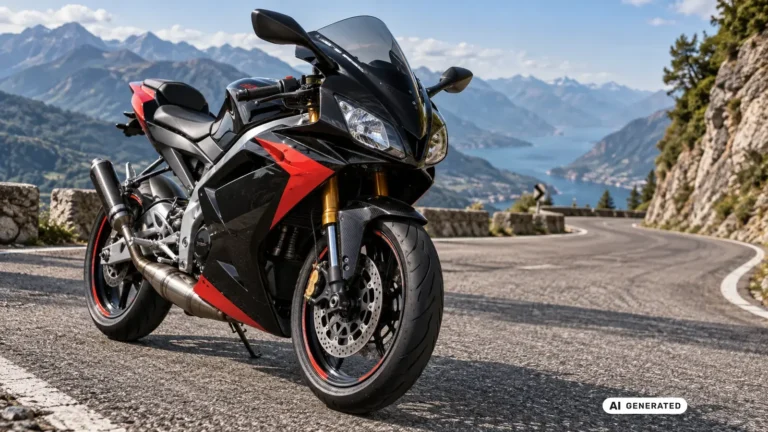 Aprilia RS 50, schwarz-rotes vollverkleidetes Sportmotorrad auf Bergstrasse mit Seeblick, Titelbild Tuning-Ratgeber · KI-generiertes Symbolbild.
