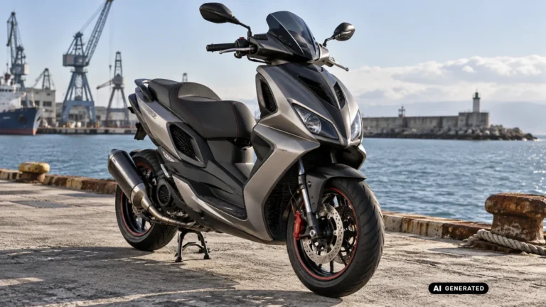 Aprilia SR 50, grauer Sportroller mit roten Bremssätteln, Hafenkulisse, Titelbild Tuning-Ratgeber · KI-generiertes Symbolbild.