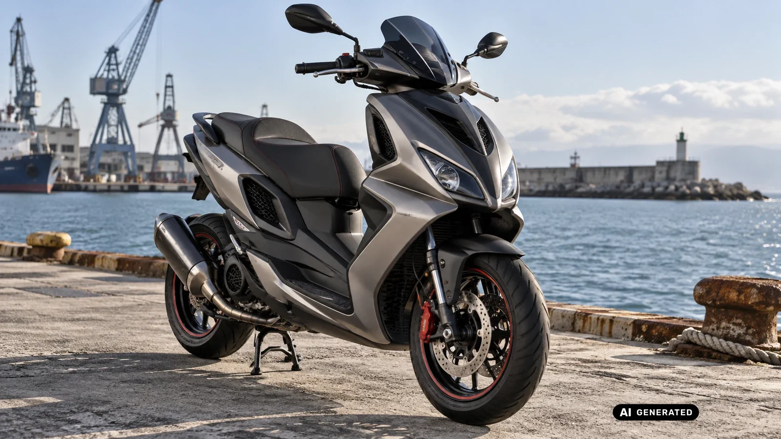 Aprilia SR 50, grauer Sportroller mit roten Bremssätteln, Hafenkulisse, Titelbild Tuning-Ratgeber · KI-generiertes Symbolbild.