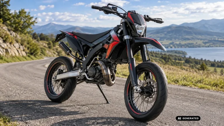 Aprilia SX 50, schwarz-rotes Supermoto-Kleinkraftrad auf Bergstrasse mit Seeblick, Titelbild Tuning-Ratgeber · KI-generiertes Symbolbild.