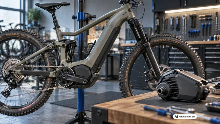 E-Mountainbike mit Mittelmotor am Tretlager, daneben eine einzelne Motoreinheit auf der Werkbank. KI-generiertes Symbolbild.