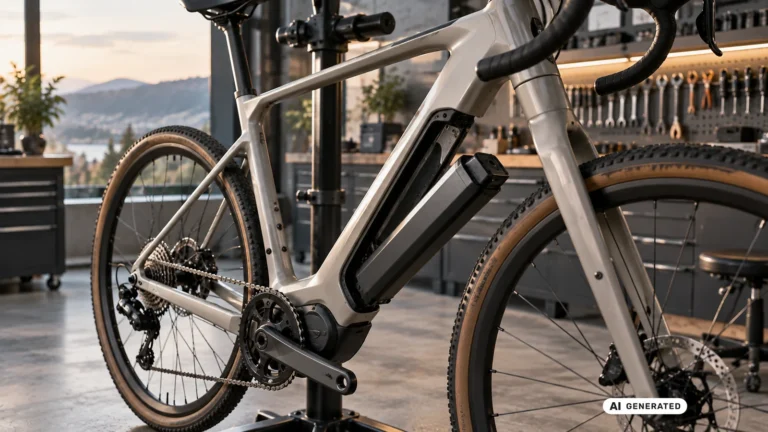 E-Bike mit herausgenommenem Akku am Rahmen in einer Werkstatt, Diagnosesituation. KI-generiertes Symbolbild.