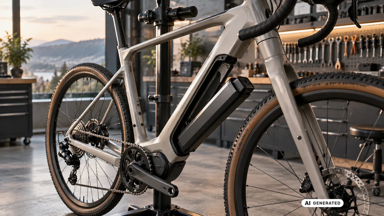 E-Bike mit herausgenommenem Akku am Rahmen in einer Werkstatt, Diagnosesituation. KI-generiertes Symbolbild.