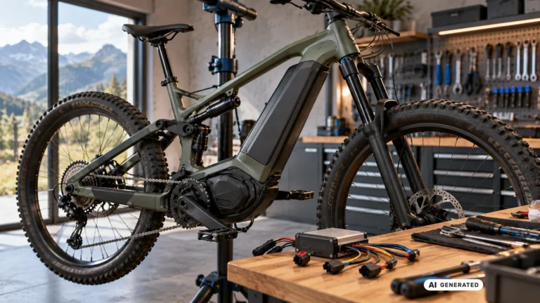 E-Mountainbike mit Mittelmotor in moderner Werkstatt, daneben eine Steuereinheit mit Kabeln. KI-generiertes Symbolbild.