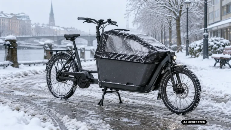 Lastenrad mit geschlossener Transportbox im Schnee auf einer winterlichen Wohnstraße · KI-generiertes Symbolbild.