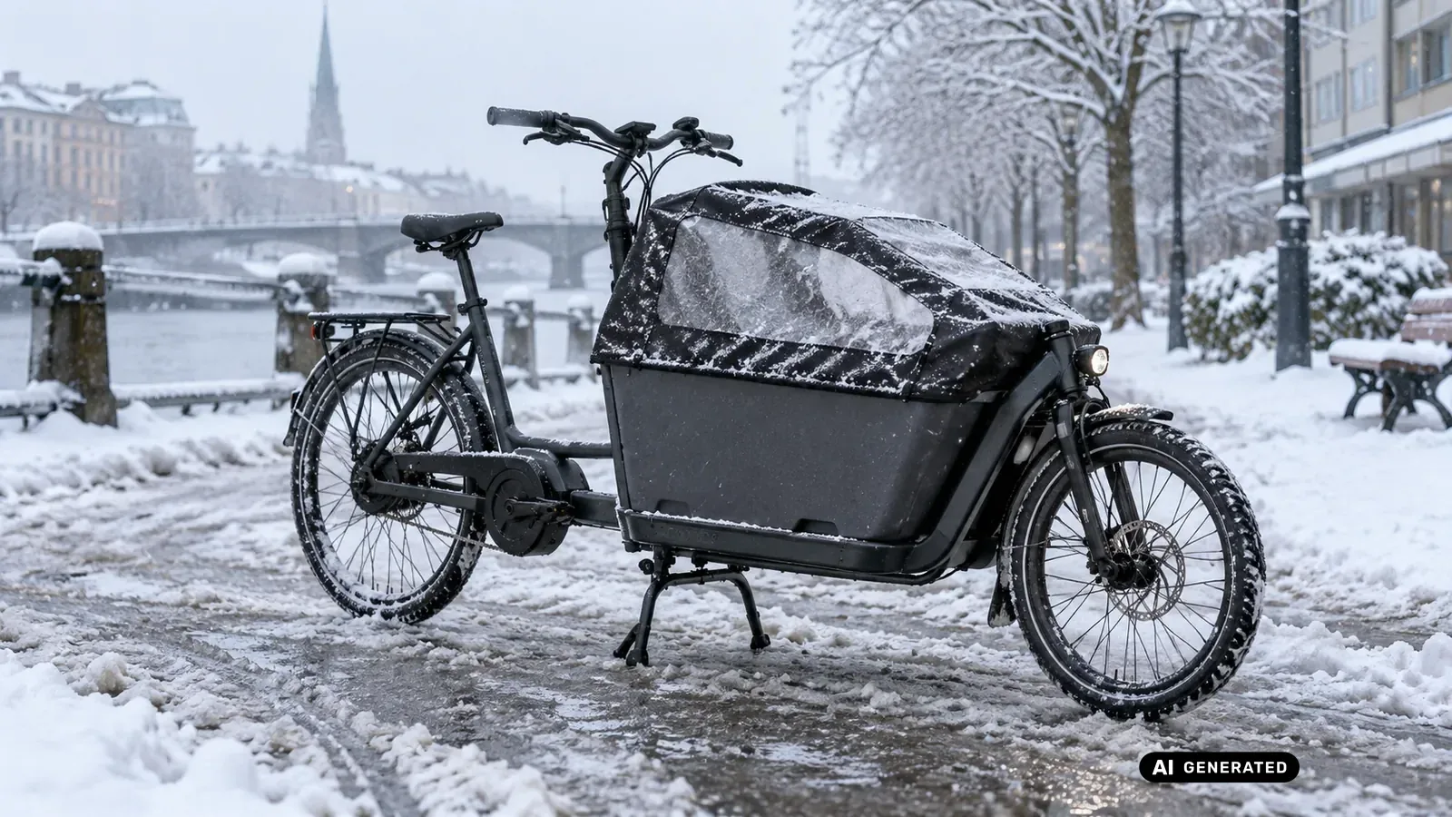 Lastenrad mit geschlossener Transportbox im Schnee auf einer winterlichen Wohnstraße · KI-generiertes Symbolbild.