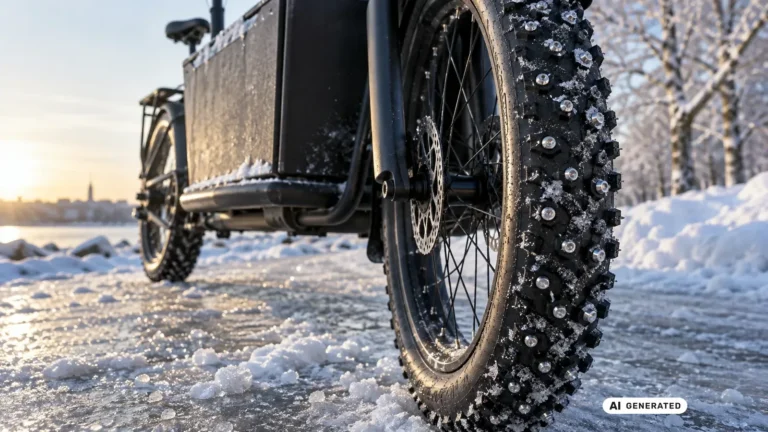 Vorderreifen eines Cargo-E-Bikes mit sichtbaren Spikes im Schnee, Nahaufnahme ohne lesbare Beschriftung · KI-generiertes Symbolbild.