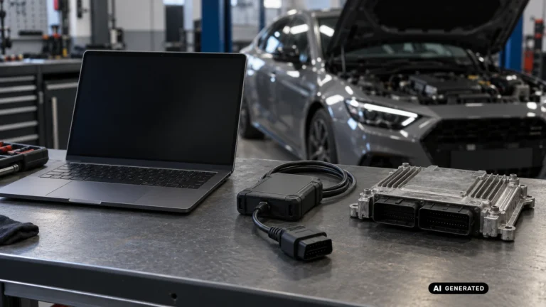 Laptop, Diagnosekabel und ausgebautes Motorsteuergerät auf einer Werkbank, dahinter ein Auto mit geöffneter Motorhaube – KI-generiertes Symbolbild.