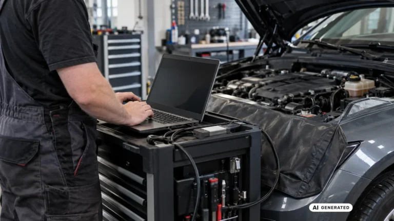 Mechaniker am Diagnose-Laptop auf dem Werkstattwagen vor einem Fahrzeug mit geöffneter Motorhaube · KI-generiertes Symbolbild.