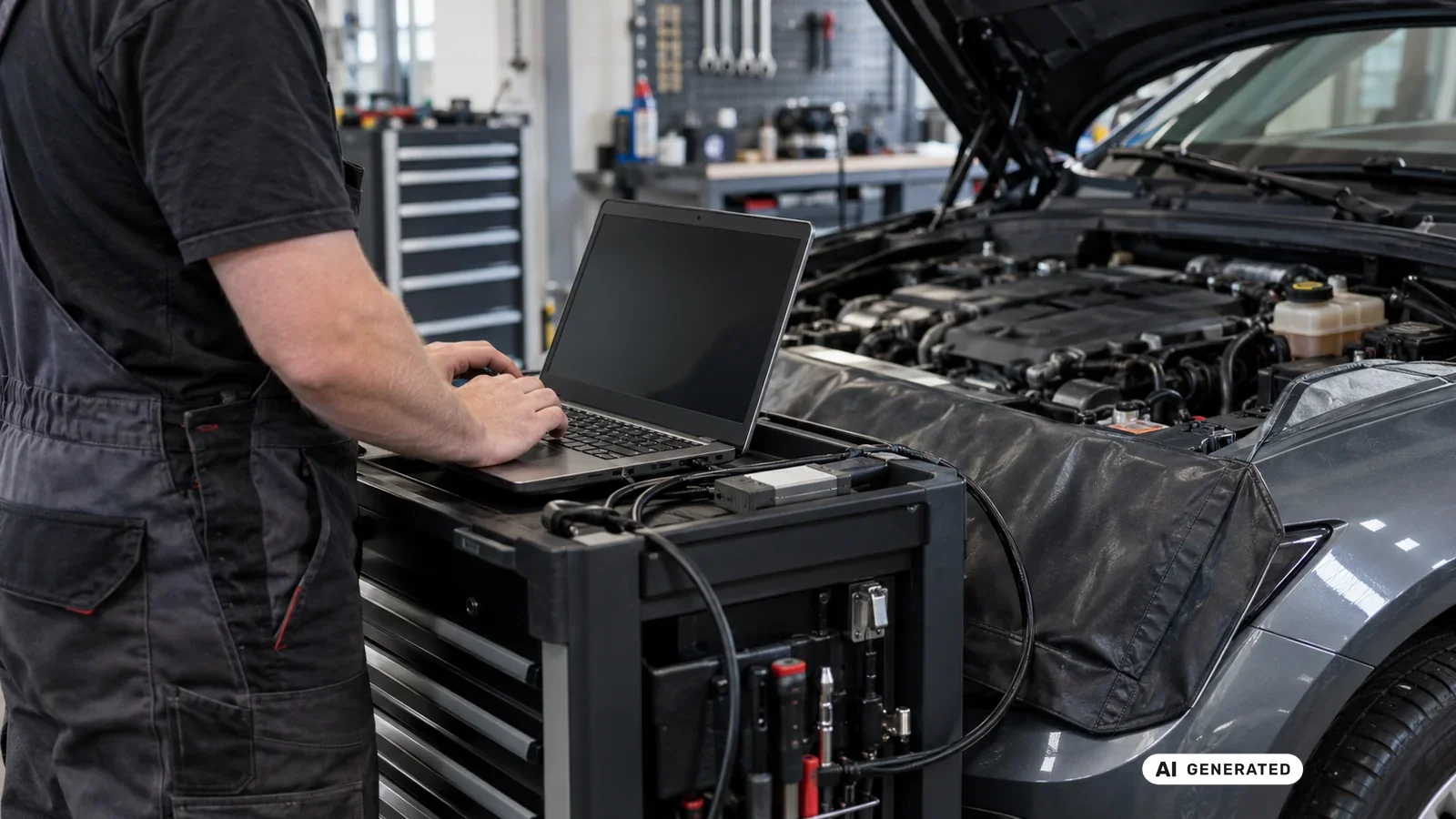 Mechaniker am Diagnose-Laptop auf dem Werkstattwagen vor einem Fahrzeug mit geöffneter Motorhaube · KI-generiertes Symbolbild.