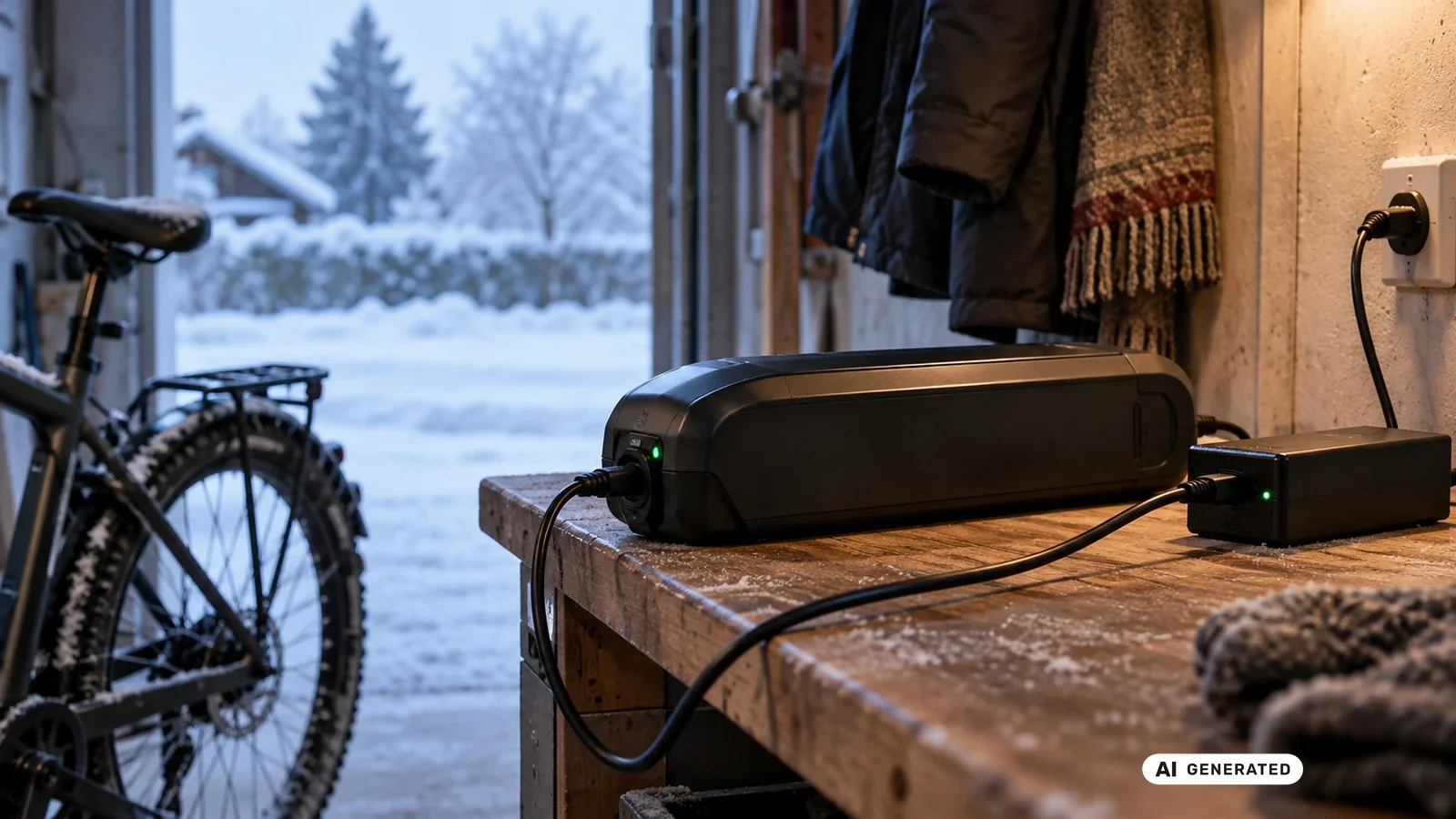 E-Bike-Akku wird in kalter Werkstattumgebung an einer Ladestation geladen, winterliche Szene im Hintergrund, Titelbild Ratgeber. KI-generiertes Symbolbild.