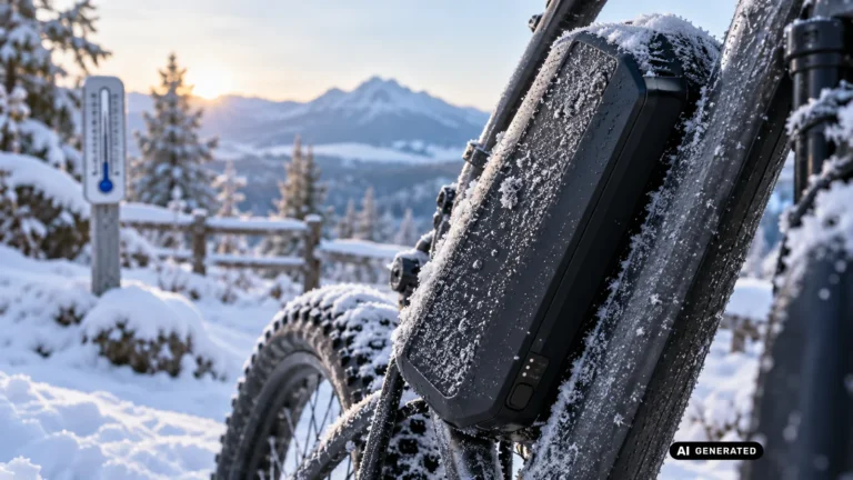 E-Bike-Akku mit Reif bedeckt am Rahmen bei Frost, Thermometer im Hintergrund, winterliche Bergkulisse, Titelbild Ratgeber. KI-generiertes Symbolbild.