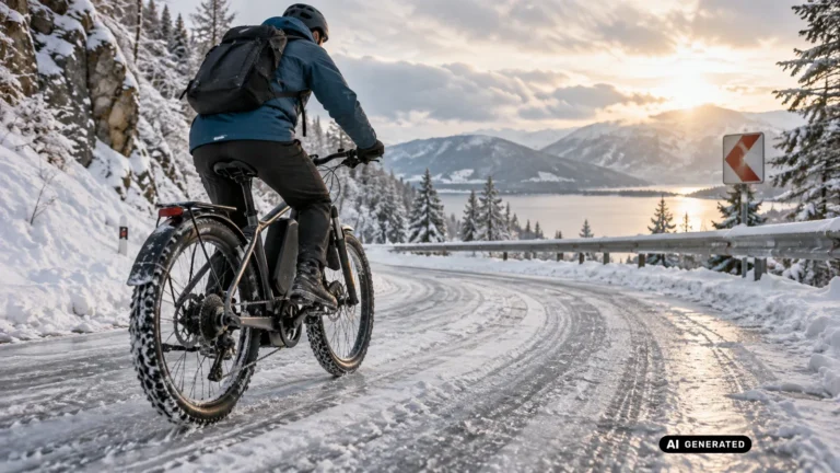 E-Bike-Fahrer auf schneebedeckter, vereister Straße mit Bergsee im Hintergrund, Titelbild Ratgeber zur Wintersicherheit. KI-generiertes Symbolbild.
