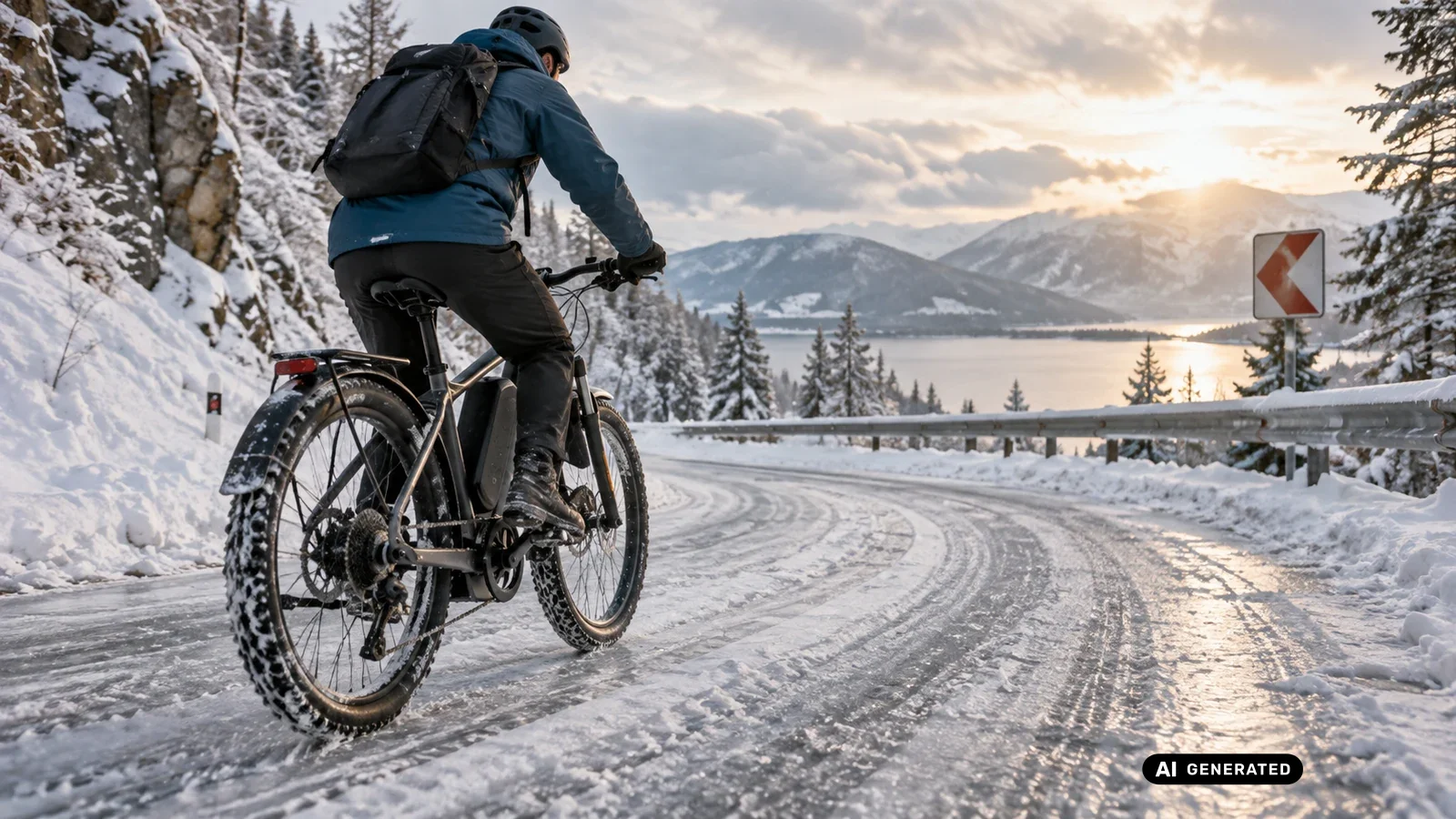 E-Bike-Fahrer auf schneebedeckter, vereister Straße mit Bergsee im Hintergrund, Titelbild Ratgeber zur Wintersicherheit. KI-generiertes Symbolbild.