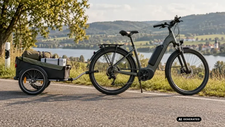 E-Trekkingbike mit Mittelmotor und beladenem Lastenanhänger am Rand einer Landstraße · KI-generiertes Symbolbild.