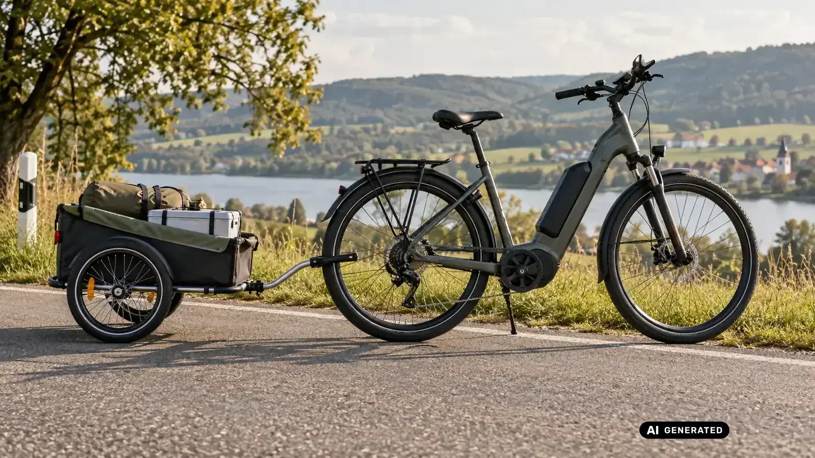 E-Trekkingbike mit Mittelmotor und beladenem Lastenanhänger am Rand einer Landstraße · KI-generiertes Symbolbild.