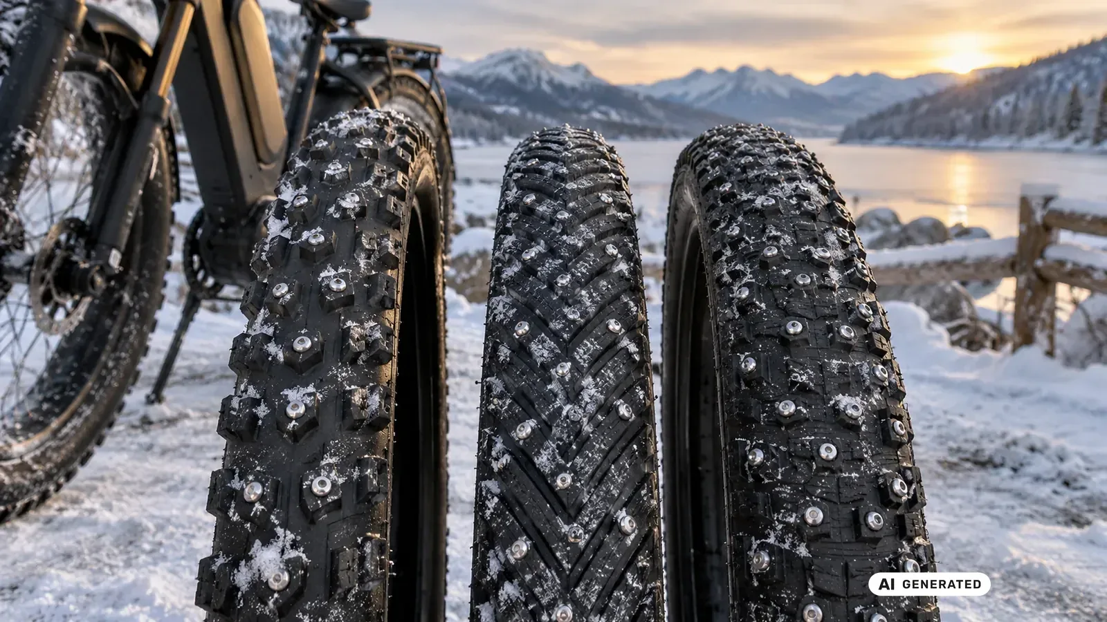 E-Bike-Reifen mit Spikes im Schnee, Nahaufnahme am stehenden E-Bike ohne lesbare Reifenbeschriftung · KI-generiertes Symbolbild.