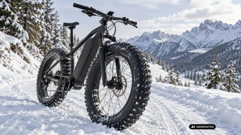 E-Fatbike mit überbreitem Reifen im Tiefschnee, seitliche Ansicht ohne lesbare Beschriftung · KI-generiertes Symbolbild.