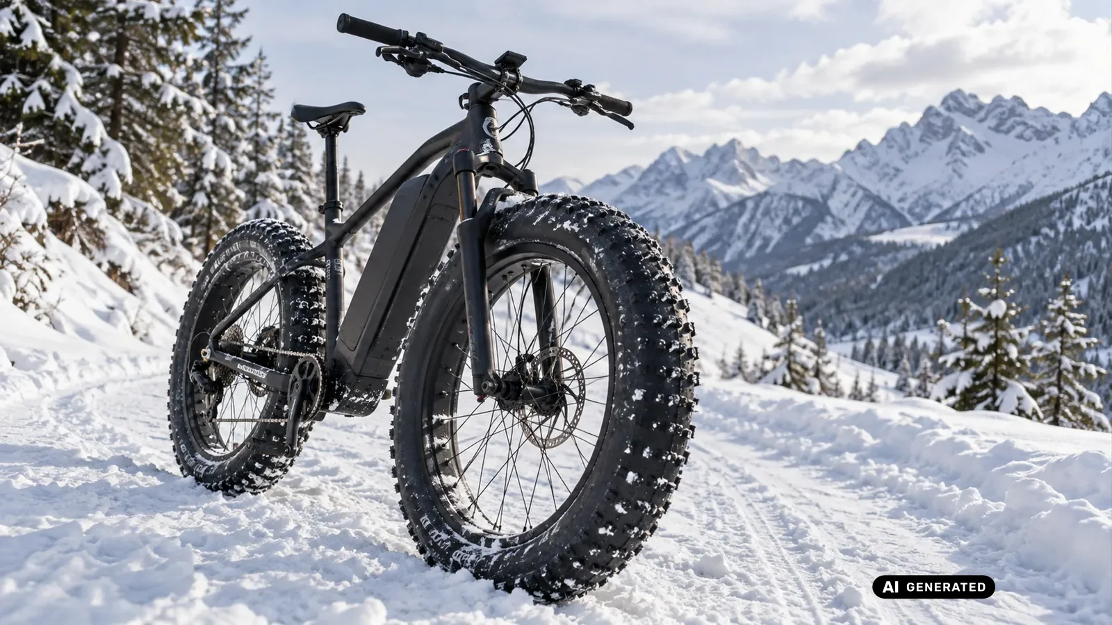E-Fatbike mit überbreitem Reifen im Tiefschnee, seitliche Ansicht ohne lesbare Beschriftung · KI-generiertes Symbolbild.