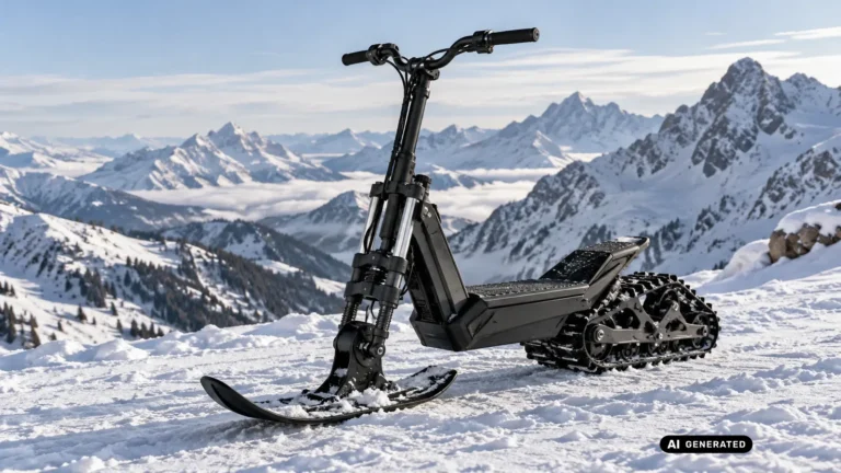 Elektrischer Schneescooter mit Ski-Kufe vorn und Antriebsraupe hinten im Schnee, Nahaufnahme ohne Fahrer · KI-generiertes Symbolbild.