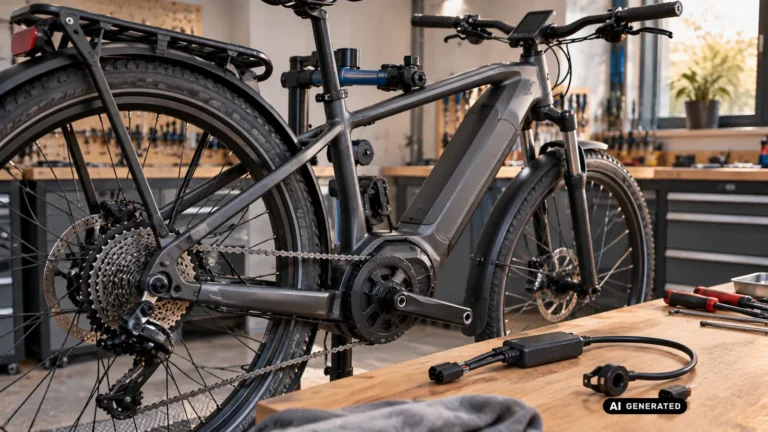 Modernes E-Bike mit Mittelmotor in der Werkstatt, daneben ein kleines Steuergerät mit Anschlusskabel. KI-generiertes Symbolbild.