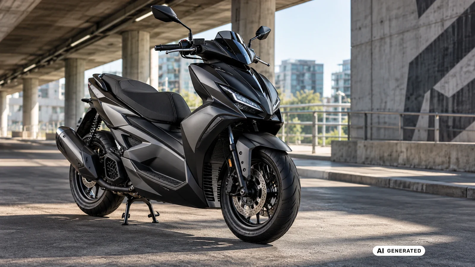 Gilera Runner, dunkler Sportroller mit kantiger Verkleidung, urbane Betonarchitektur, Titelbild Tuning-Ratgeber · KI-generiertes Symbolbild.